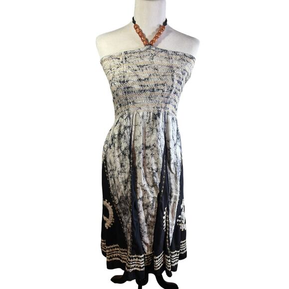 Double Decker Dresses & Skirts - Double Decker Boho Peace Smocked Embroidered Beaded Tie Halter Dress Free Size